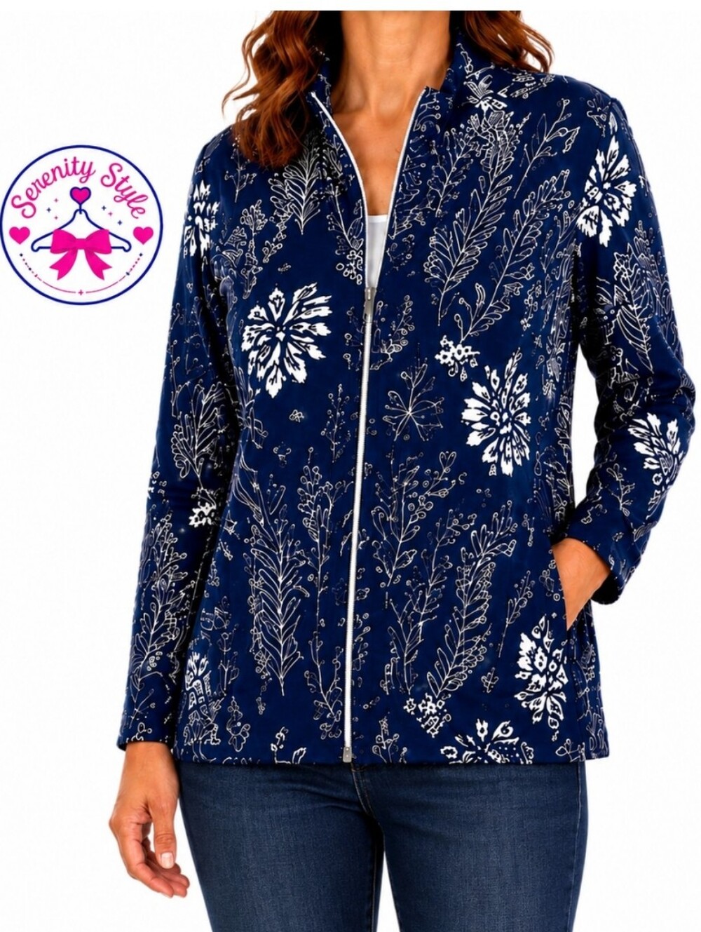 Onque Casuals XL Blue Tropical Floral Full Zip Lightweight Jacket NWT